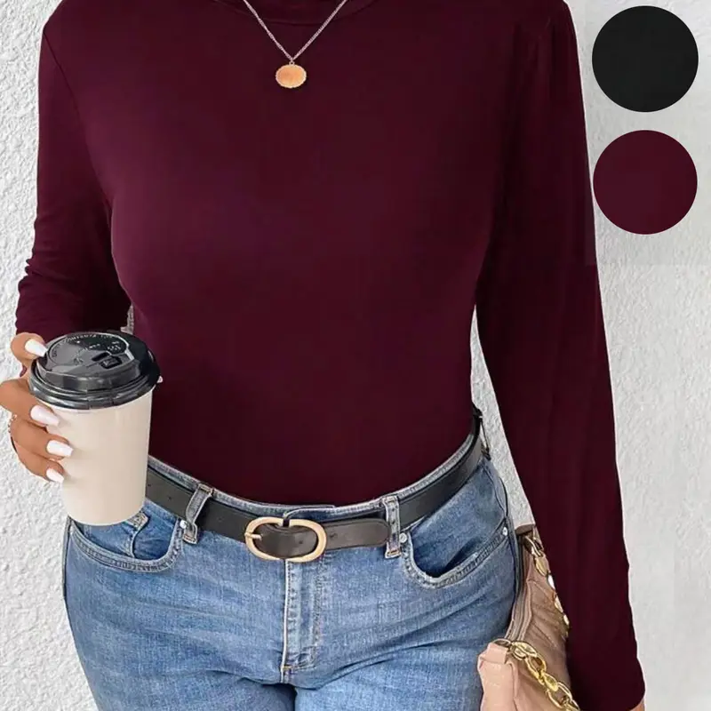 [Plus Size] 1 Piece Plus Size Women's Basic Solid Turtleneck Long Sleeve Top, Casual Slim Fitted, Casual Chic Style, Stretchy Fabric & Slim Fit, Versatile for Layering & Daily Wear, Suitable for Women's Streetwear, Office & Casual Outings, Womenswear