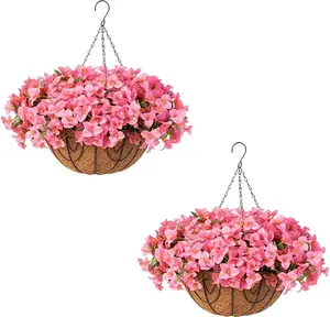 2 Set Artificial Outdoor Bougainvillea Flowers with Brown Basket, Artificial Hanging Flowers Plant, 12 Pcs Bougainvillea Flowers for Christmas, Front Porch, Garden, Patio, Home Decor