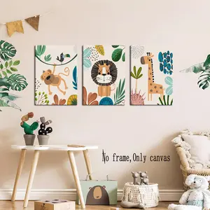 3pcs Jungle Preschool Wall Decor, Animal Canvas Art for Baby Room, Toddler Boy or Girl Bedroom, Cute Wildlife Theme Decoration