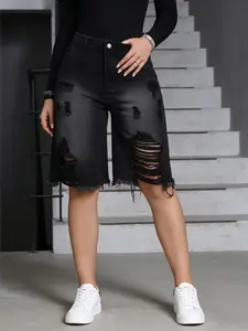 Women's Casual Distressed Denim Shorts, High Waist Slim-Fit Ripped Design, All-Season Wear, Versatile & Comfortable, Perfect for Spring & Summer