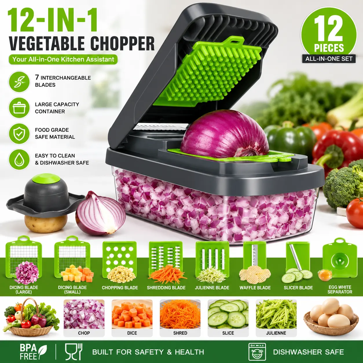 Vegetable Chopper,12-in-1 Multifunctional Food Chopper,Professional Onion Chopper with 7 Blades,Vegetable Cutter with Container for Salad,Potato,Carrot,and Garlic; Essential Kitchen Tool(Grey)