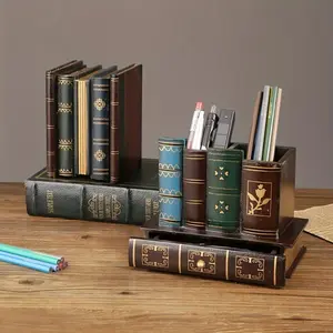 Book Themed Desktop Pen Holder Organizer, Elegant Dark Wood Desk Accessory, Multi Compartment Pen Brush Stationery Storage Box, Home Study Office Decorative Accent, Retro Gift Organizer