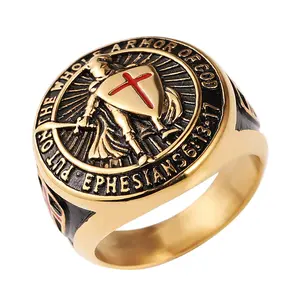 Knights Templar Put On The Whole Armor of God Ephesians 6:13-17 Red Cross Design Men's Stainless Steel Ring
