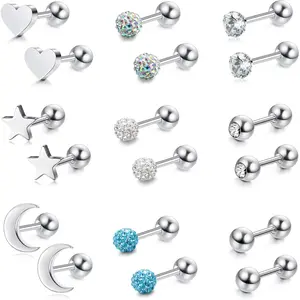 Sanfenly 9 Pairs 18G Stainless Steel Star Moon Heart Ball Cartilage Tragus Stud Earrings, Piercing Jewelry Set for Women Men, Hypoallergenic Earrings