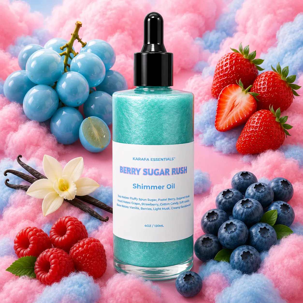 Berry Sugar Rush Moisturizing Body Oil Fluffy Spun Sugar, Pastel Berry, Sugared Air, Grape, Strawberry, Cotton Candy Swirl, Vanilla, Berries, Light Musk, Creamy Sugar by Karafa Essentials