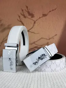 1 piece unisex embossed waistband with floral patterned alloy automatic buckle, 1.38-inch wide white belt, suitable for holiday gifting, Valentine's Day presents.
