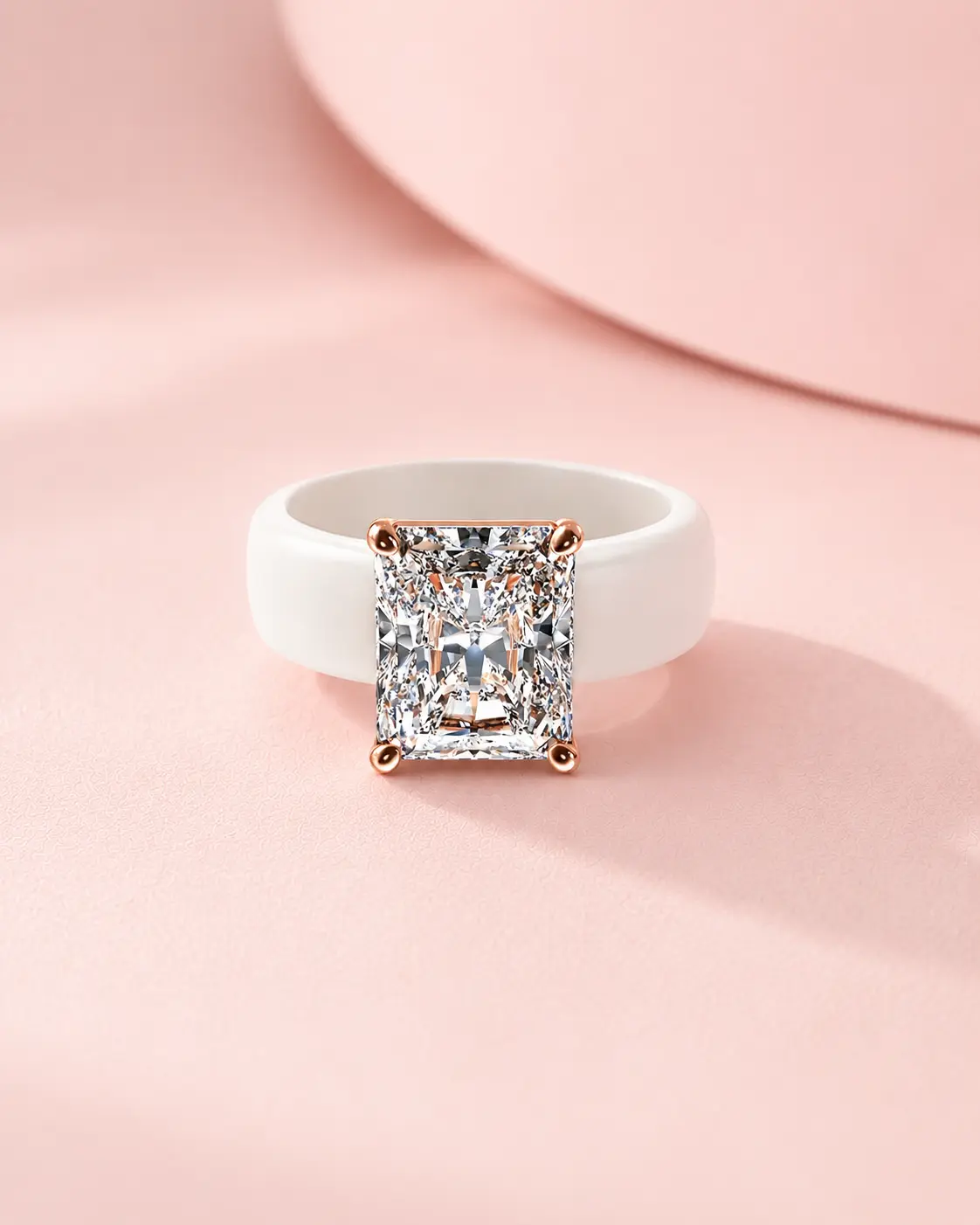 Minimalist White Silicone Ring with Emerald Cut CZ Diamond, Rose Gold Tone Setting, Comfortable Waterproof Stackable Band for Women, Engagement Promise Wedding Fashion Jewelry