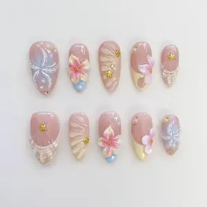 Starfish Bloom Elegance Press On Nails Short Almond Nails, Flower Nails, Yellow Nails, Spring Summer Nails, Shell Nails, Birthday Nails