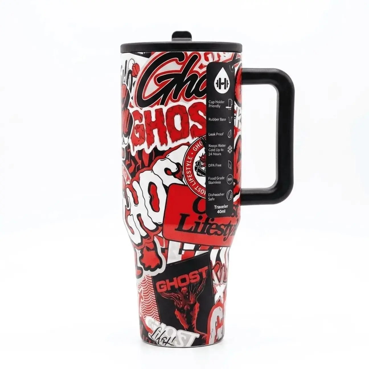 HydroJug GHOST INFRARED RED & BLACK  40Oz Traveler | Leak-Proof Insulated Tumbler with Flip Straw & Cup Holder Fit Flasks Lid Drinkware Leakproof Tumbler