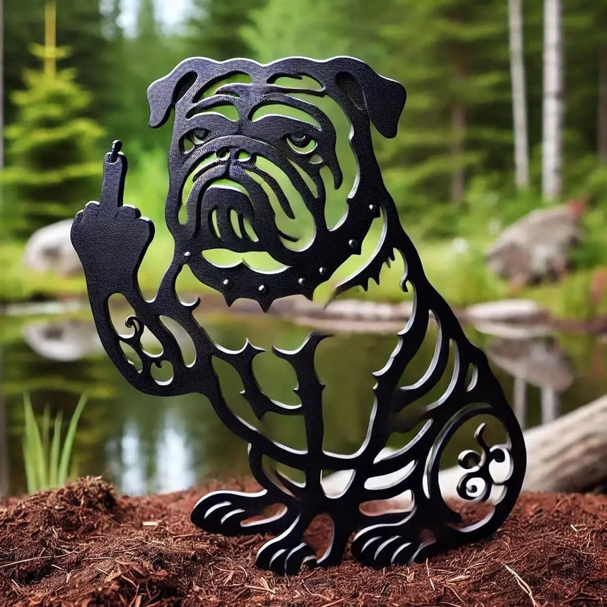 Weatherproof Rust-Resistant Metal Iron Art Bulldog Garden Statue - Funny Middle Finger Ground Stake for Backyard Bar Area, Pranksters, Outdoor Decor (Withstands Rain, Sun, Wind) Garden Statues & Sculptures