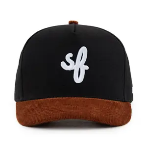 SF San Francisco Cursive A-Frame Snapback Hat (Black / Brown Corduroy)
