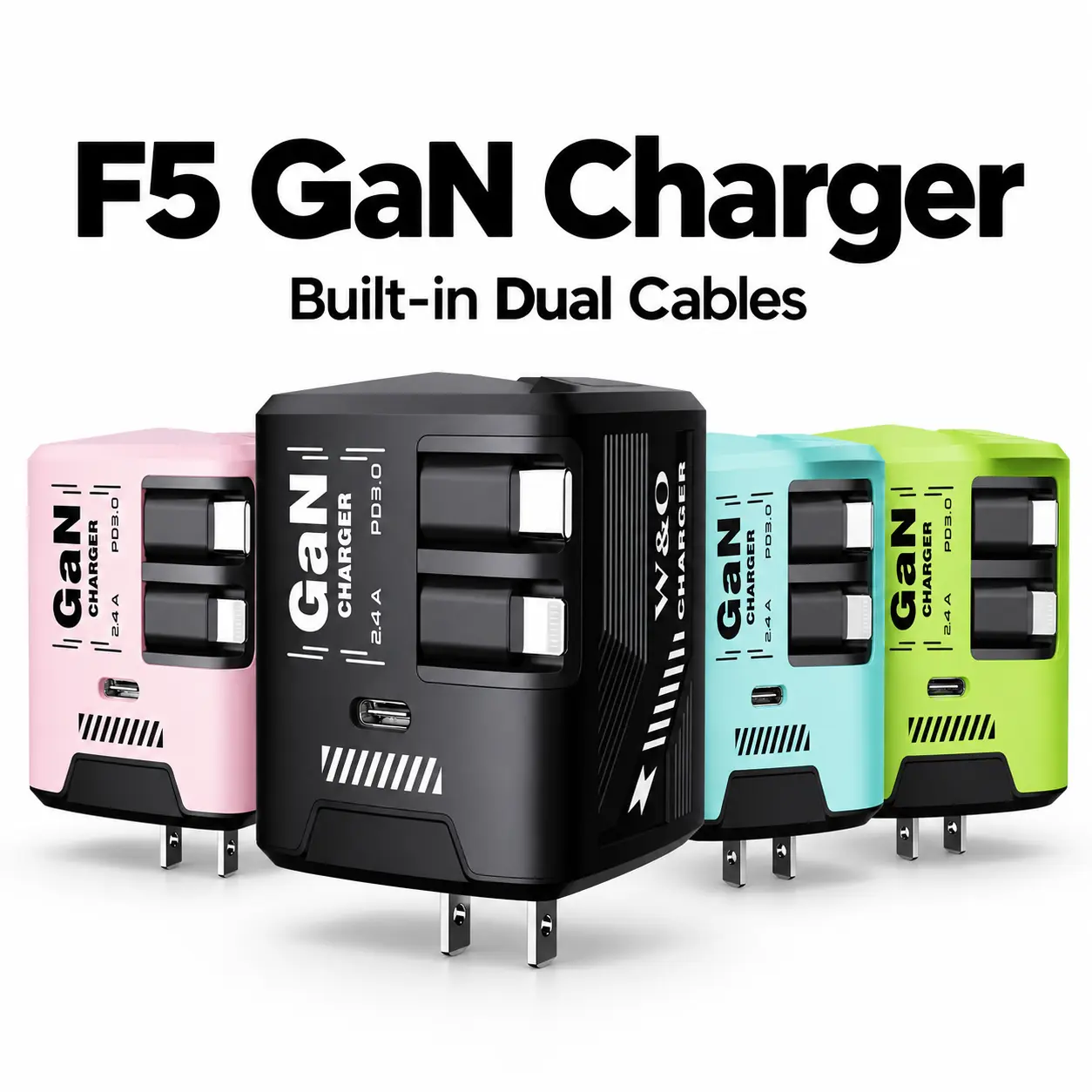 【Fall Deals for You】F5 GaN Wall Charger with Built-in Dual Cables, 3-in-1 Fast Charging Block, USB-C Charging Port, Compact Travel Charger for Phone, Tablet, Earbuds and More