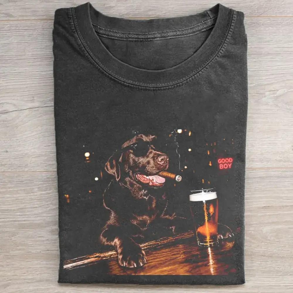 Silly Chocolate Labrador Retriever Drinking Beer Graphic Comfort Color Shirt, Oversize, Womens, Mens, Retro Shirt, Vintage Graphic Tee