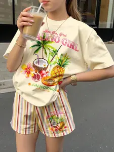 Teen Girl Casual Summer Set, Tropical Fruit Floral Coconut Lemon Tea Print, Fitted Short Sleeve Top and Shorts Two-Piece, All Seasons, Casual Fashion Set, Summer Clothing Set