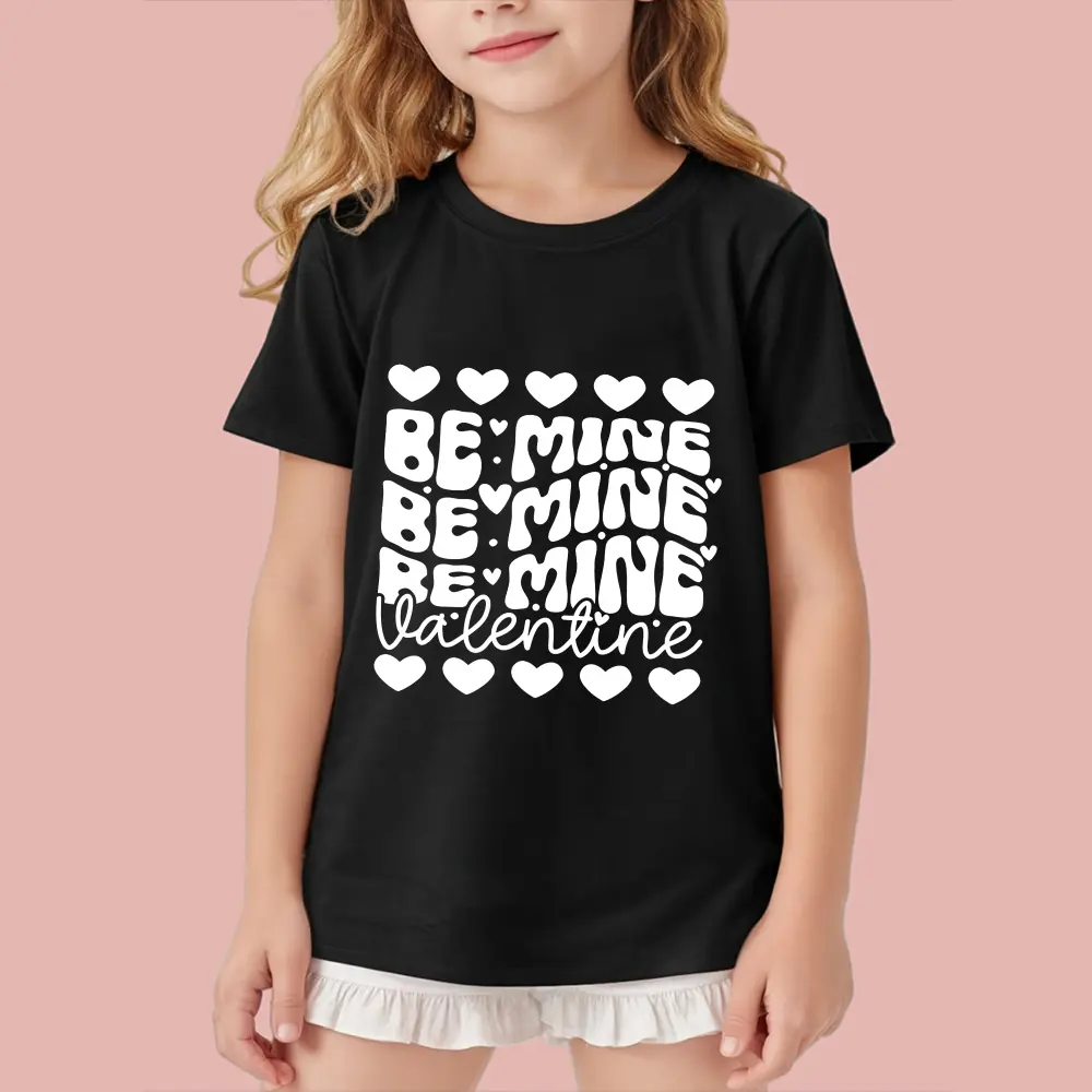 Kids' Valentine's Day Graphic T-Shirt - Toddler 4-5 Years, 5-6y, 6-7y Knitting Short-Sleeve Tops for Boys & Girls, "Be Mine" Heart Design, Holiday Gift, Casual Wear, Valentine's Day Gift, Elastic Stretch, Soft Cotton, Position Print