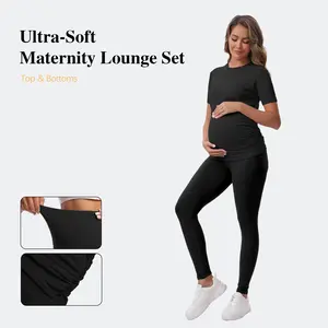 2 Pack Maternity Clothes Short Sleeve and Long Pants Set, Athletic Lounge Pajamas, Sporty Matching Outfit for Pregnancy