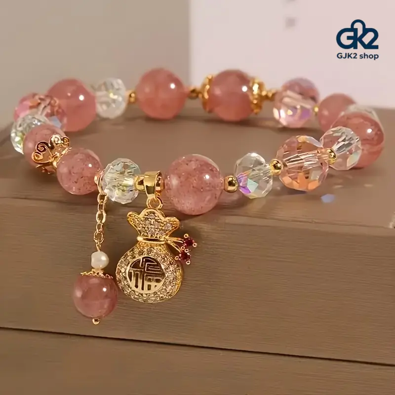 Natural Strawberry Quartz Bracelet for Women, Beaded Crystal Jewelry with Lucky Bag Charm, Adjustable Stretch Fit for Daily Wear, Dating & Bracelet Stacking, Female, Comfortable Fit, Set 1, 17.5Cm