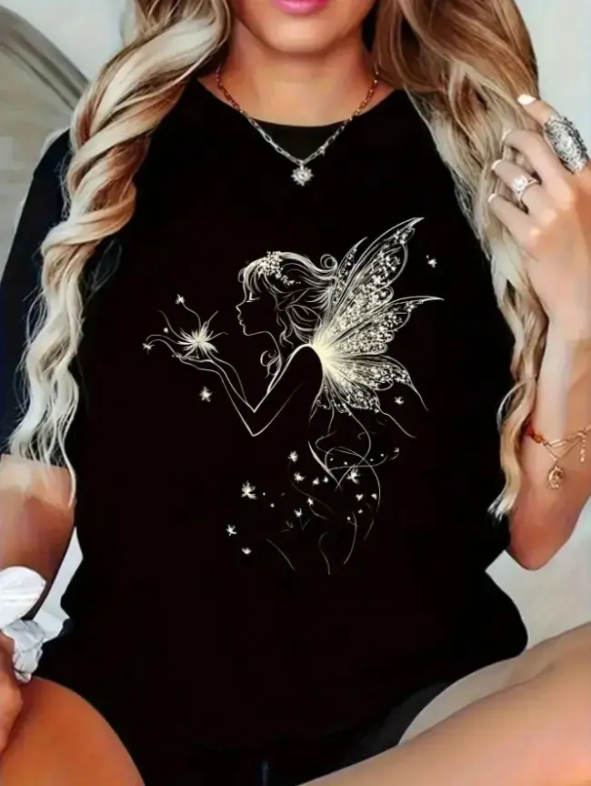Ethereal White Sketch Fairy With Sparkly Floral Wings Dandelion Flower Petals Bohemian Fairycore Art Cotton Tee Summer Cool 100% Soft Dreamy Aesthetic Casual Daily Women Outfit