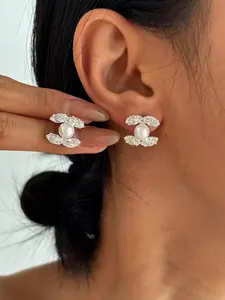 Elegant Cute Double C-Shaped with Zircon and Faux Pearls, Perfect for Daily Wear and Parties, Gift Idea for Birthdays and Valentine's Day, High Quality Earrings
