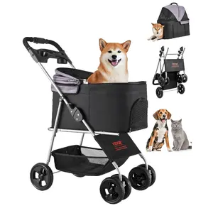 VEVOR Pet Stroller, 35 lbs Weight Capacity, Foldable Dog Stroller Cart, 4 Wheels Cats Pram with Detachable Carrier Mesh Windows, Portable Animal Carrier with Brake for Small to Medium Pets