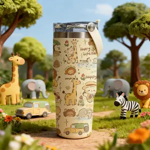 1 Pc 30 Oz Stainless Steel Insulated Tumbler with Handle and Flip Lid, Cute Cartoon Safari Animal Jungle Pattern with Giraffe, Lion and Zebra, Double-Wall Vacuum Cup, 100% Leak-Proof, Keep Drinks Hot 12H / Cold 24H, Perfect Gift for Nature and Animal Love