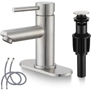 Brushed Nickel Bathroom Sink Faucets Single Hole Single Handle Stainless Steel Bathroom Faucet RV Faucet Deck Mount 1 Hole or 3 Holes with Pop-up Drains