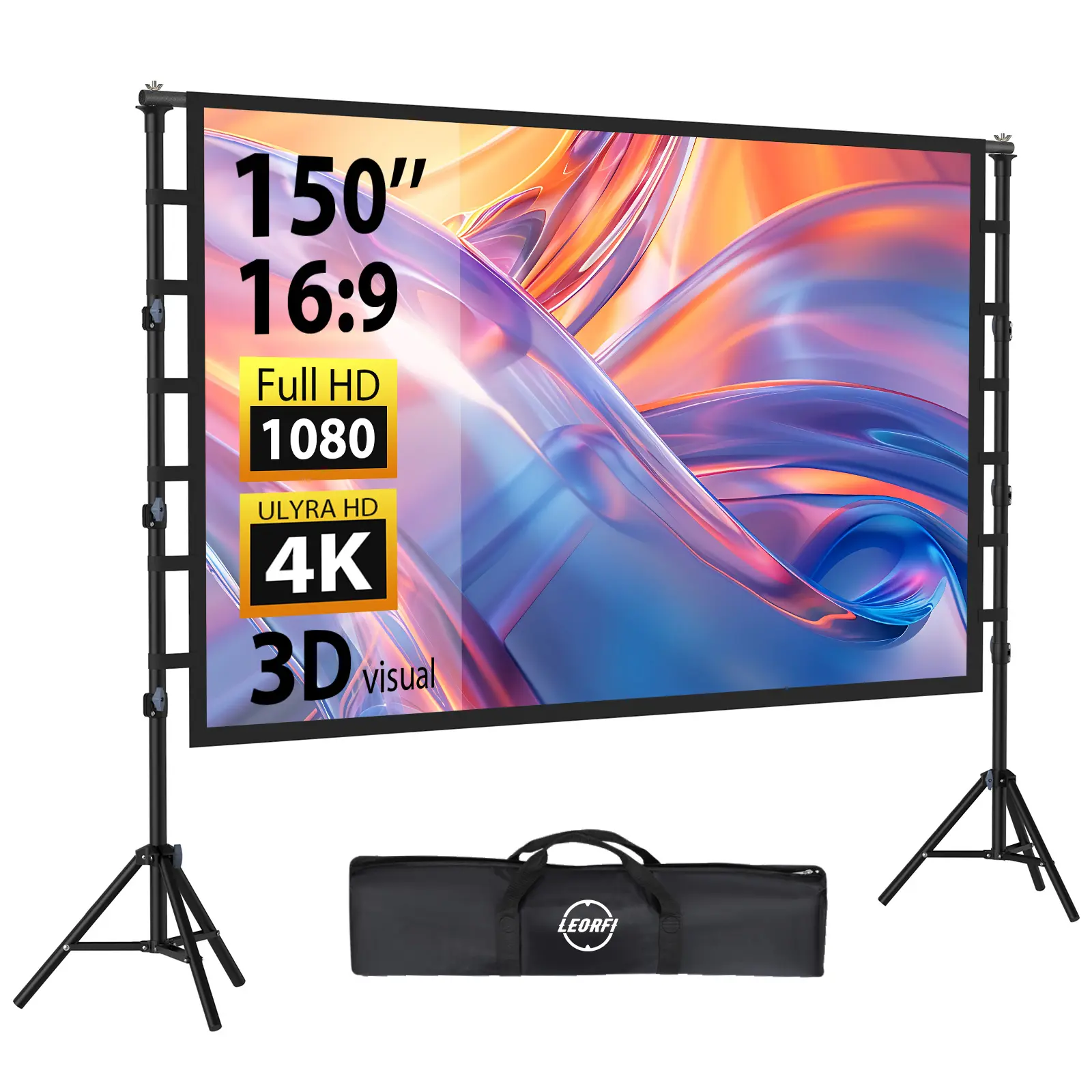 LEORFI 150 Inch Projector Screen with Stand 16:9 4K Full HD Portable Indoor Outdoor Projections Screen & Stand for Home Theater Support Height Adjustable