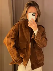 2026 Women's Suede Bomber Jacket Demi-Season Ladies Fashion Brown Coffee Outerwears Crop Oversized Long Sleeve Utility Pockets Elastic Hem Jacket Fashion High Street Pilot Jacket