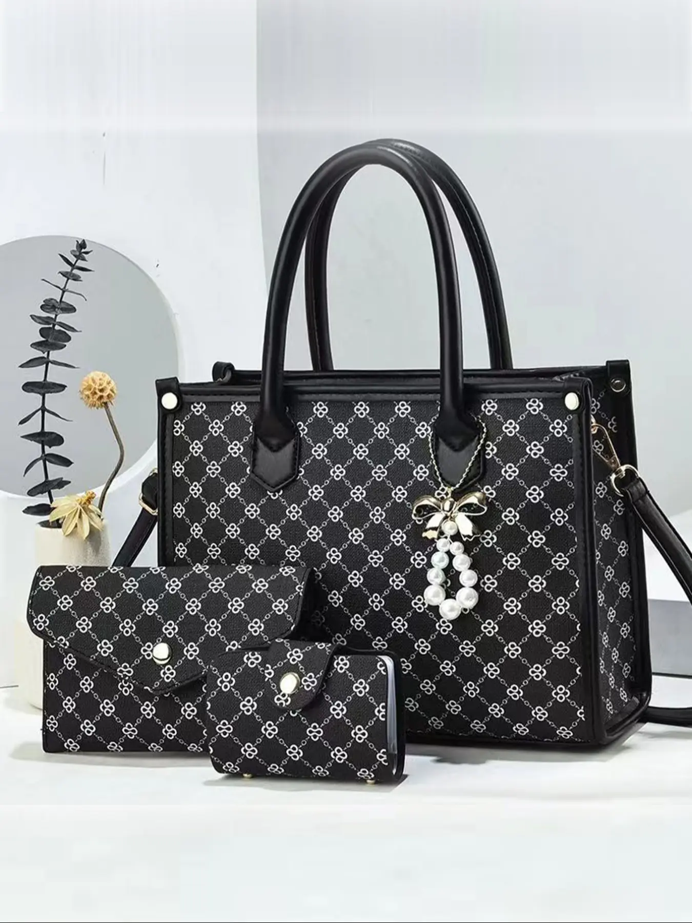 Women's Elegant Temperament Minimalist Floral Pattern Handbag & Wallet Set, Multi-functional Large Capacity Bag Set with Charm, Stylish Designer Crossbody Bag Set