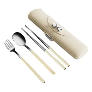3-Piece Stainless Steel Cutlery Set, Portable Travel Utensils with Spoon Fork Chopsticks, Polished Surface, Ideal for Outdoor Picnics, School Business Trips, Polished Finish Cutlery