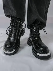 Men's Motorcycle & Combat Stone Texture Patent Leather Lace-Up Platform Ankle Chukka Boots Round Toe Chunky Lug Sole Non-Slip High-Top Combat Boots with Metal Accents for Business Work Casual Party Outfits