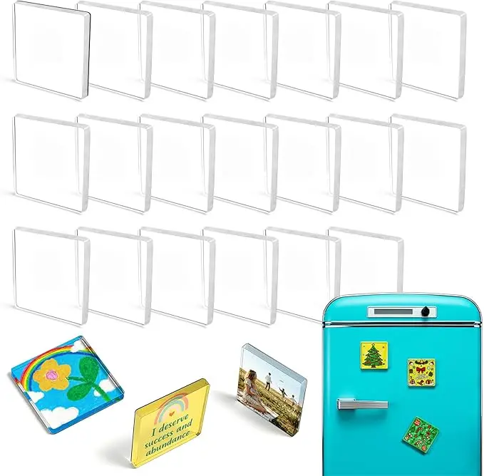 10/20 Pack 2"x2"x0.16" Clear Acrylic DIY Fridge Magnets Set with Adhesive Backing – Square Magnetic Photo Frames for Crafts, Kitchen & Party Decoration