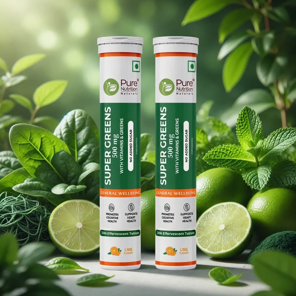 Pure Nutrition Super Greens Effervescent Tablets | 40 Count (20x 2) | with Moringa, Spirulina, Arjuna Leaf & B Vitamins | Supports Immunity & Overall Wellness.
