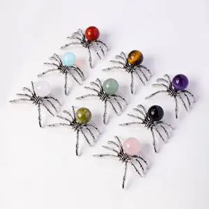 Natural Crystal Ball Spider Ornament, Handmade Alloy Spider DIY Reiki Gemstone Decoration, Halloween & July 4 Gift for Women & Dads, Natural Crystal Sphere
