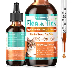 Carmelie Flea & Tick Support Drops for Cats – Natural Liquid Supplement with Fish Oil & Vitamins, Chicken Flavor for All Breeds