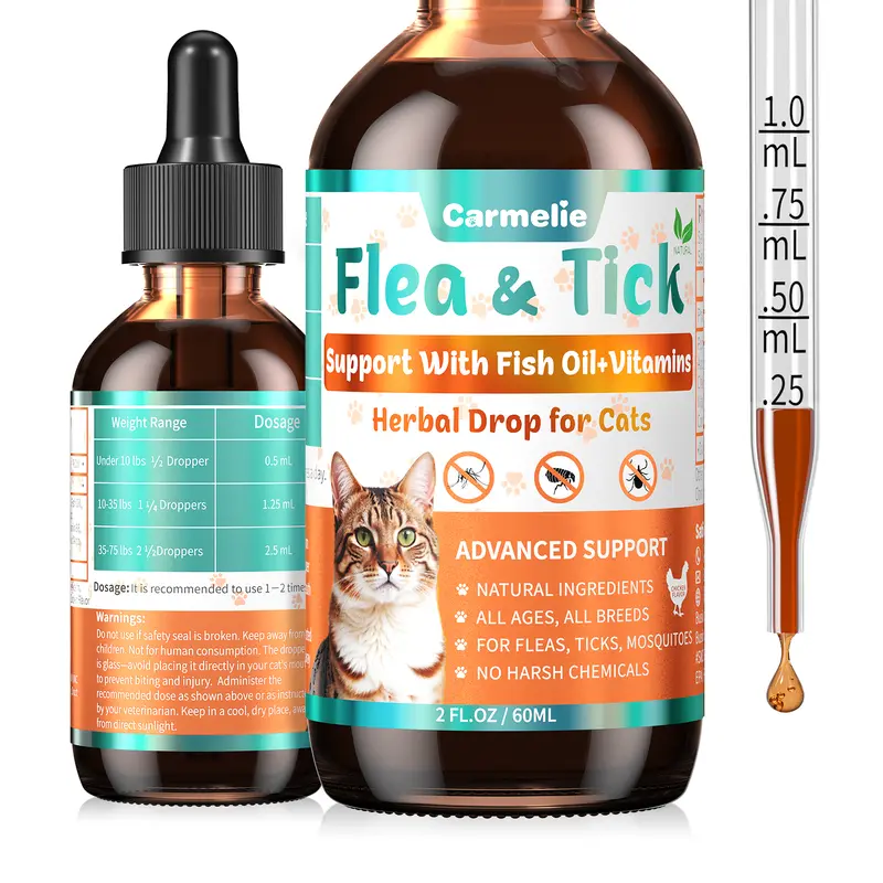 Carmelie Natural Liquid Flea & Tick Support Herbal Drops for Cats, Kittens - 60ml Bottle, Natural Ingredients, Fish Oil, Vitamins, Wormwood, Pumpkin Seed Blend, Chicken Flavor, Fur & Skin Care, No Harsh Chemicals, All Breeds (2-4 Weeks Supply)
