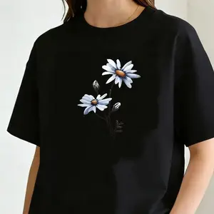 Women's Two-Daisy Print Short-Sleeve T-Shirt - Casual & Athletic Round Neck Blouse, Medium-Stretch Machine-Washable Top Suitable for Gym, Training, Spring/Summer Wear - Comfortable Casual Attire with Daisy Print