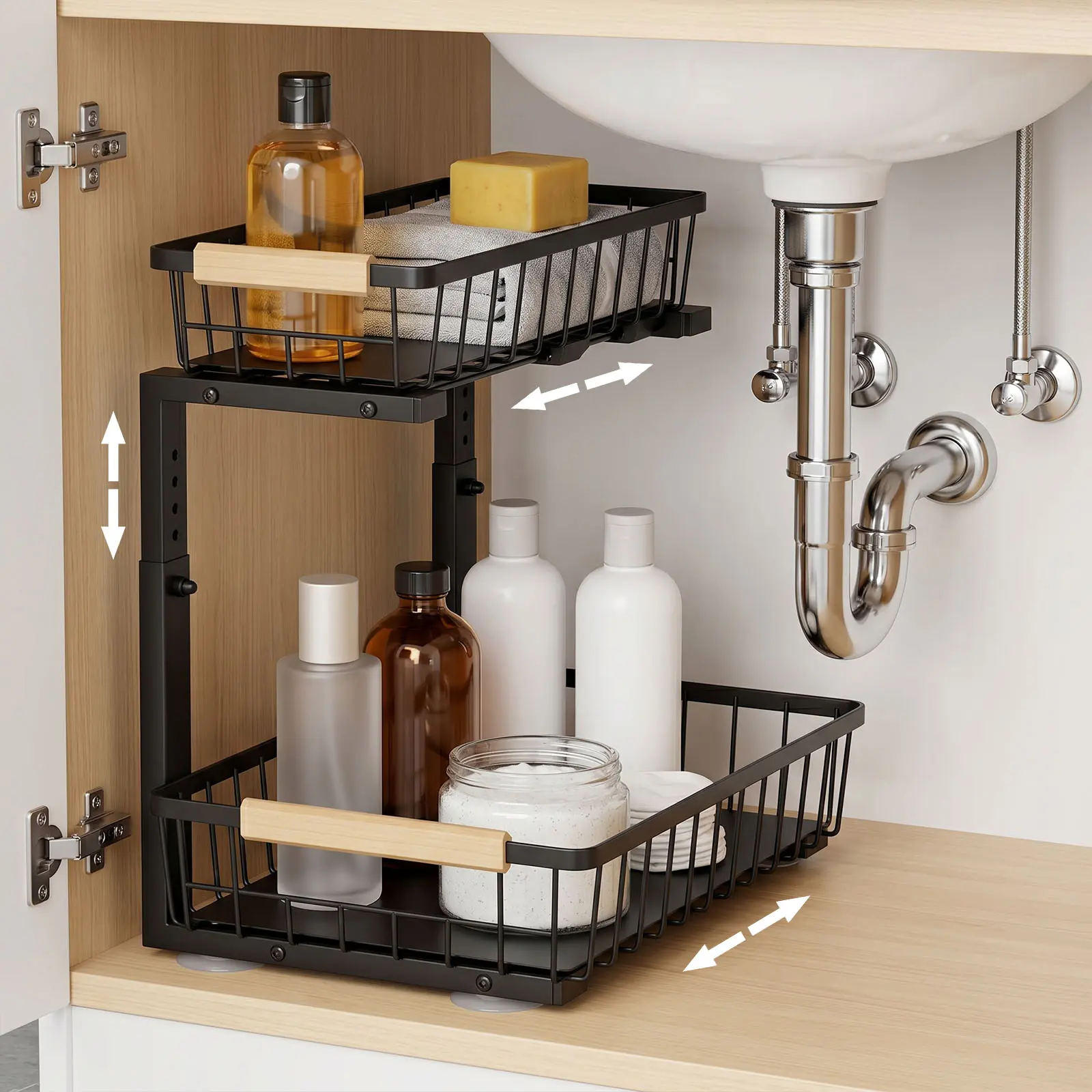 LOVEWE 2-Tier Adjustable Pull Out Cabinet Organizer, Under Sink Organizer and Storage, Slide Out Sink Shelf Cabinet Storage Shelves, Under Sink Storage for Kitchen Bathroom Cabinet