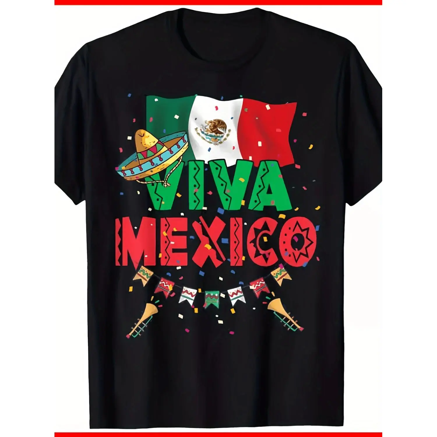 Viva Mexico Mexican Independence Day Cotton T-shirt Unisex Adult Sizes S-5XL Featuring Mexican Flag Colors Green White Red with Sombrero Maracas Confetti Design Bold Viva Mexico Text and Cactus National Symbols Perfect for Cinco