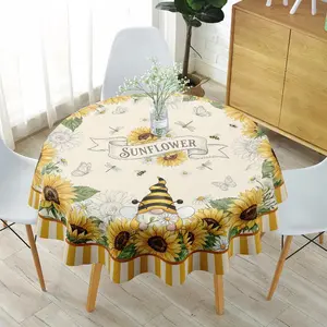 1PC Round Tablecloth, Light Beige Background with Sunflower Motifs, Bee-Shaped Gnome, Bees/Butterflies/Dragonflies, Central "SUNFLOWER" Banner & Yellow-White Striped Trim, Decorative Table Linen for Dining Table, Home Decor & Floral-Themed Gather
