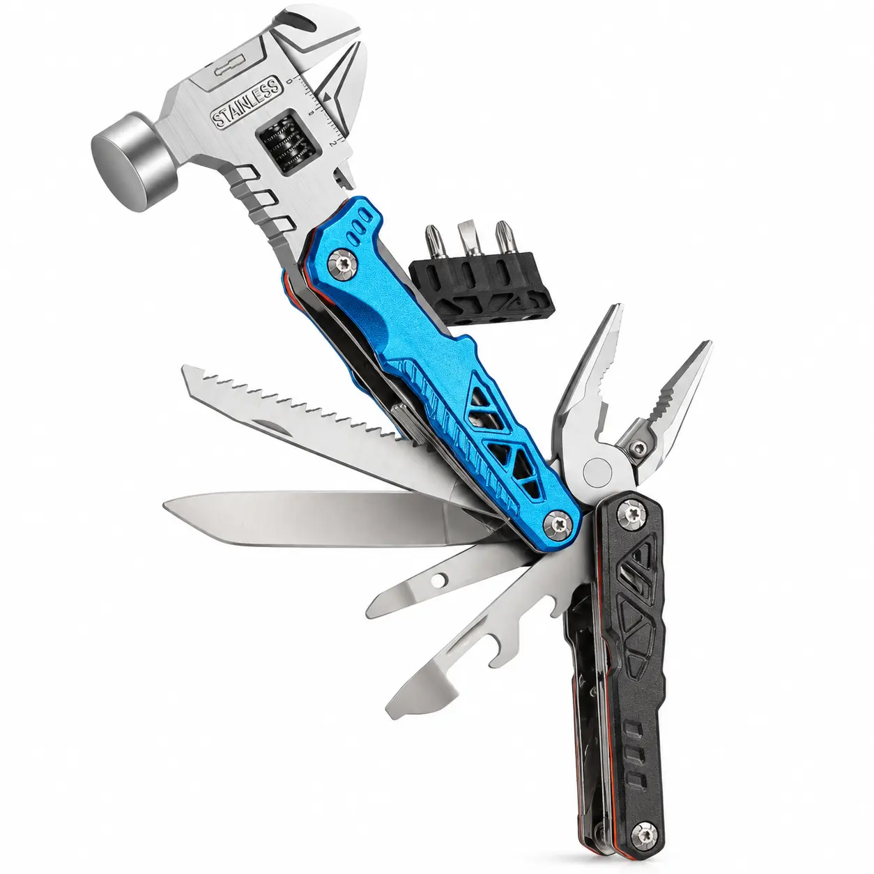 18-in-1 Multi-Function Hammer Multitool with Adjustable Wrench, Pliers, Knife, Saw, Screwdriver Bits & Bottle Opener, Portable Folding Hand Tool for DIY Repairs, Camping, Outdoor Adventures and Gift Ideas