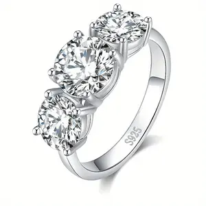 4Ct Round Cut VVS1/D Moissanite Wedding Ring,3 Stones Moissanite Adjustable Engagement Ring Wedding Promise Gold-plating 925 Sterling Silver Rings for Women