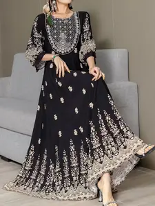 Vacation Boho Long Dress, Loose Round Neck, Heavy Embroidery, A-Line Waist Cinch, Travel Ethnic Style, All Seasons, Womenswear, Casual Wear