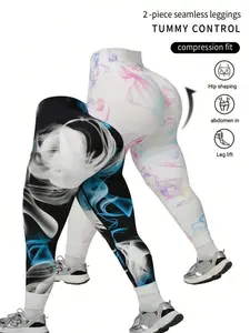 2Pcs Women's High Elastic Seamless Print Yoga Fitness Leggings,High Waist and Tucked Abdomen Sports Leggings ,Four-Sided Elastic Soft and Comfortable Leggings for Women