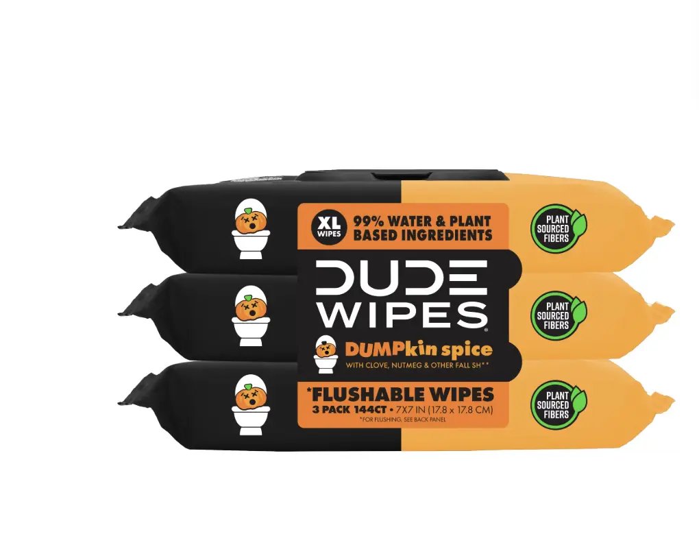 (choose scent) DUDE Limited Edition DUMPkin Spice, Extra Large Fall Scented Flushable Wet Wipes, 48 Count, 3 Pack (144 Total)