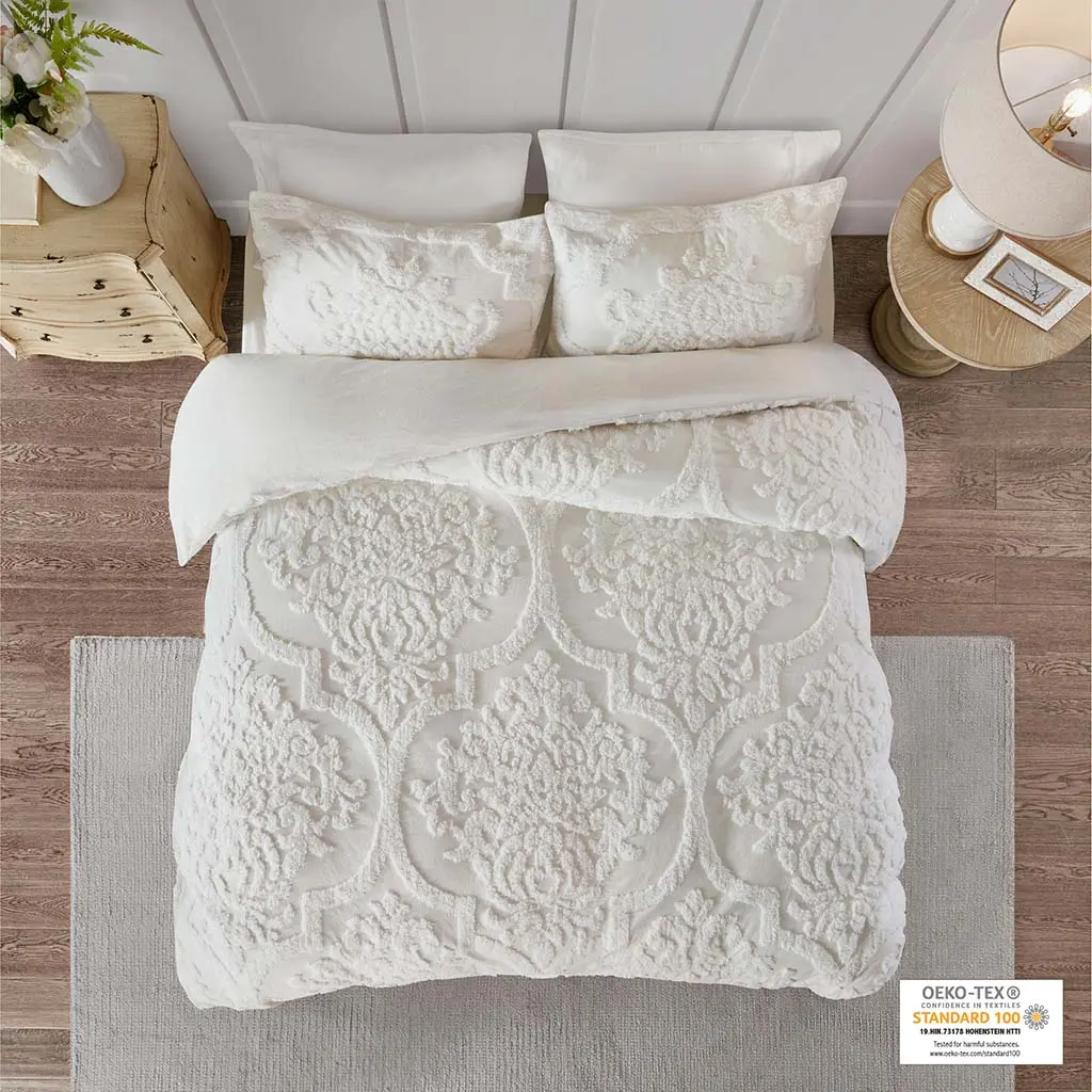 3-Piece Tufted Cotton Chenille Damask Comfy Bedding Set - Decorative Duvet Cover for Bedroom