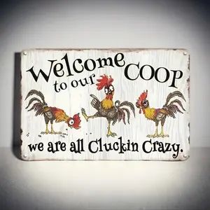 Welcome To Our Coop Metal-Sign, Chicken & Letter Pattern Decorative Plaque, Vintage Tin Plate, Farmhouse Chicken Coop Henhouse Shed Wall Art Decor, Home Decor Products, Rustic