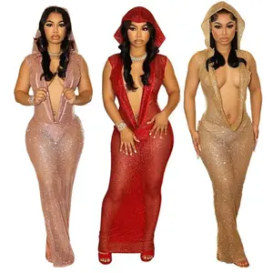 2025 New Sexy Deep V See-through Sequined Long Dress Formal Womenswear Workwear Comfort Minimalist Basic Pink Sleeveless Dance Clothing Turtleneck Batwing
