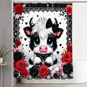 1/4pcs Gothic Cow Bathroom Decor Set, Bathroom Decoration Accessories, Bathroom Accessory - Chibi Baby Cow Shower Curtain Sets with Black Bow, Red Roses & Black Hearts, Matching Toilet Lid Cover & Bath Mats for a Modern Bathroom