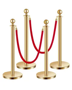 【Summervibes】EVOR Stanchions and Velvet Ropes 4Pcs,  , Hollow Base with Stainless Steel Post, 2 Red Velvet Ropes and Posts, Crowd Control Barriers Gold Stanchions, Red Carpet Runner Poles for Party Supplies